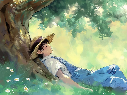 Homme allongé avec un chapeau de paille et une salopette sous forme de dessin manga se repose le long d'un arbre.