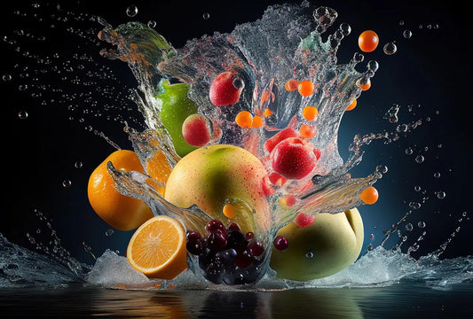 Explosion de fruits tropicaux (mangue, pĂȘche, citron vert, framboise) en pleine effervescence, illustrant la fraĂźcheur naturelle et les saveurs fruitĂ©es dâun thĂ© glacĂ© estival de La Pâtite Tasse.
