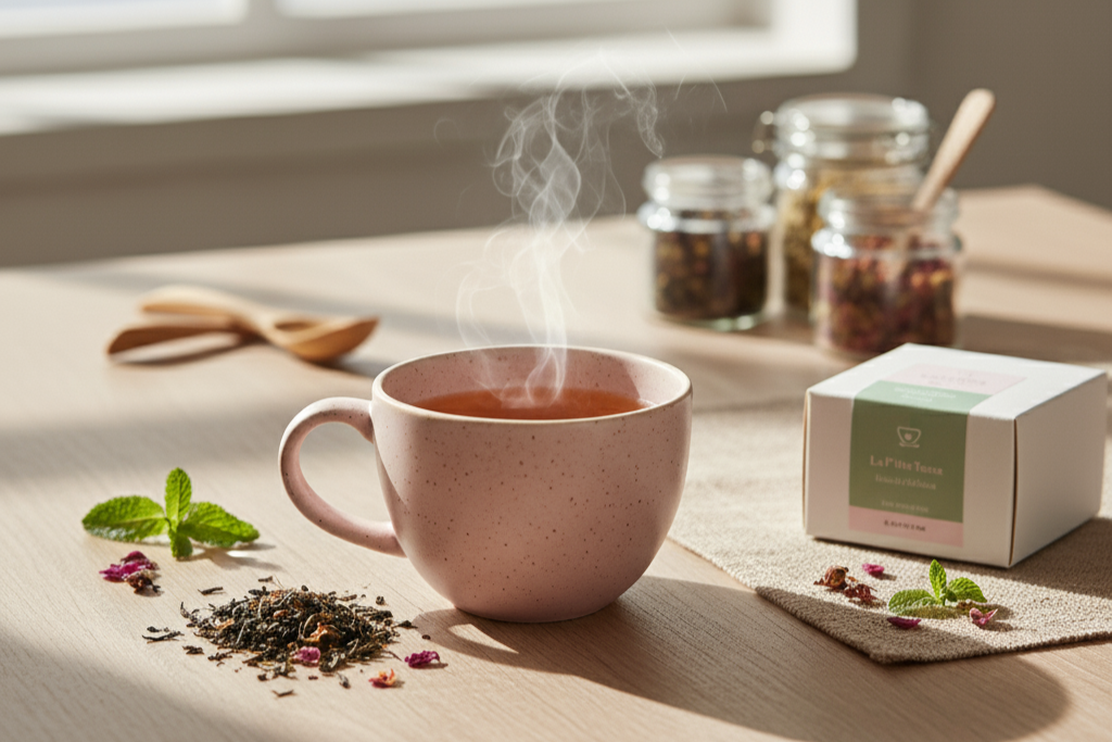 Tasse de thé fumante et nos produits