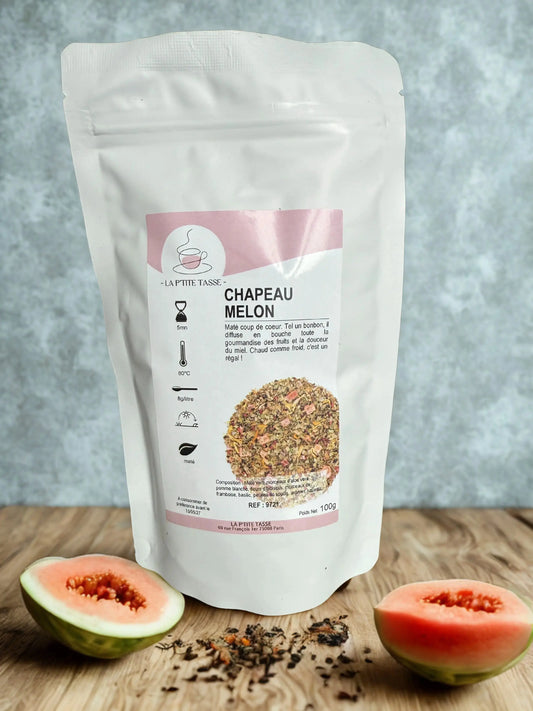 Maté Chapeau Melon sachet La P’tite Tasse – infusion originale et équilibrée alliant maté vert et notes subtiles d’agrumes, présentée dans un packaging élégant et raffiné.