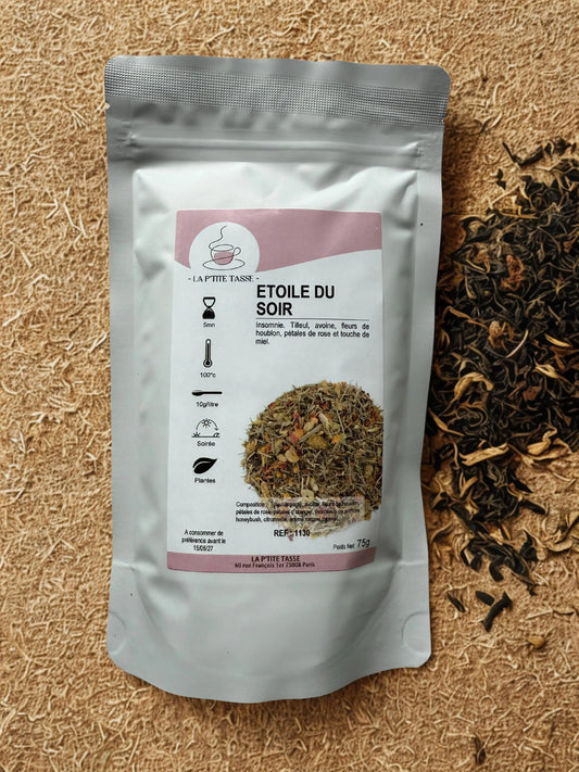 sachet Tisane Sommeil Étoile du Soir La P’tite Tasse – infusion biologique aux plantes relaxantes comme la camomille et la verveine, idéale pour apaiser le corps et l’esprit avant le coucher.