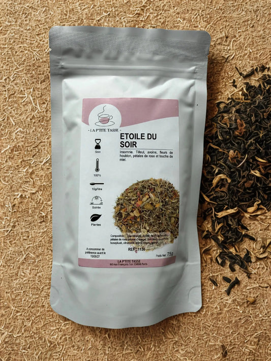 sachet Tisane Sommeil Étoile du Soir La P’tite Tasse – infusion biologique aux plantes relaxantes comme la camomille et la verveine, idéale pour apaiser le corps et l’esprit avant le coucher.