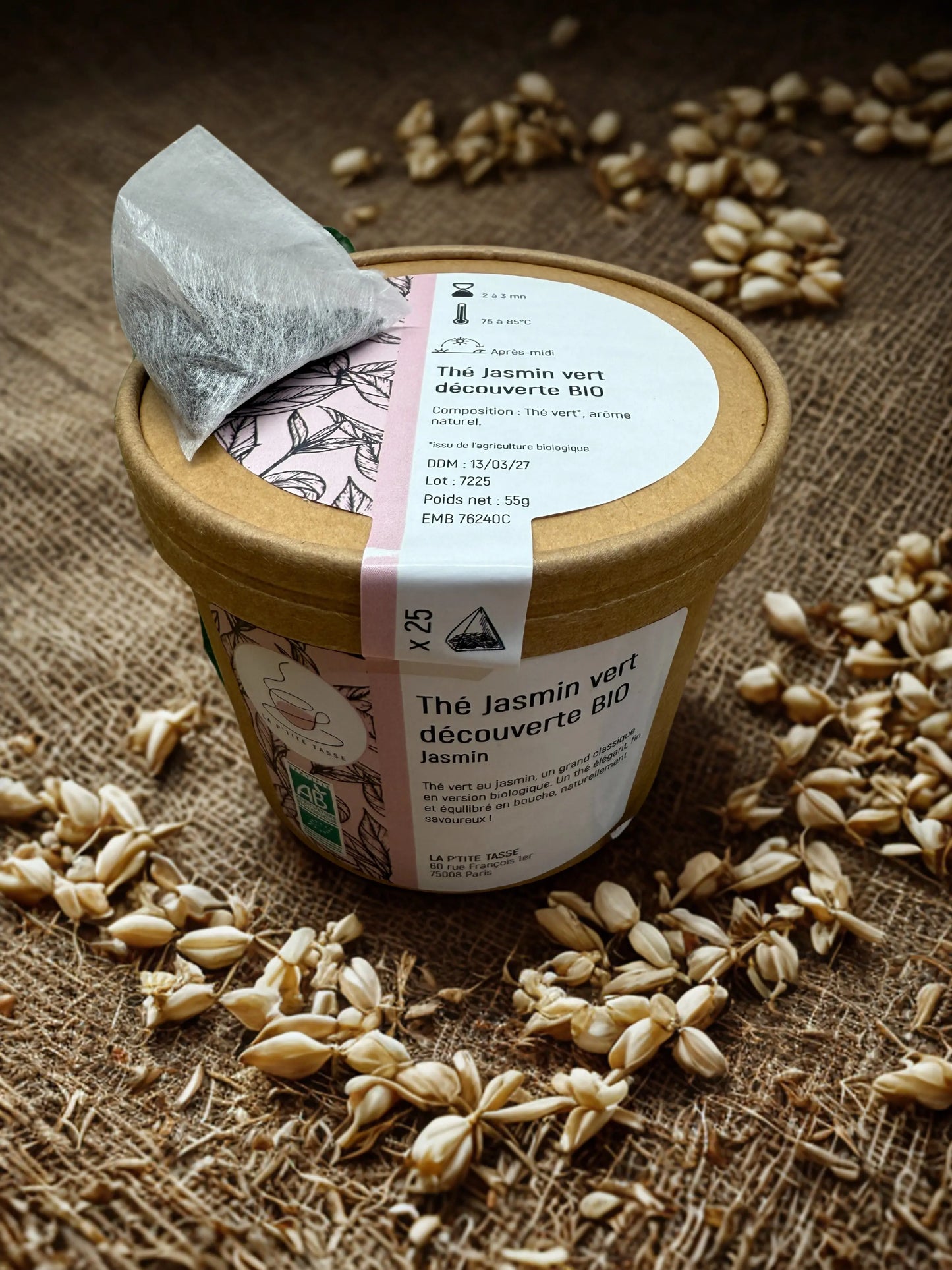 Thé vert Jasmin Vert Découverte Bio en infusette La P’tite Tasse – thé vert biologique délicatement parfumé aux fleurs de jasmin, offrant une expérience aromatique douce et florale.