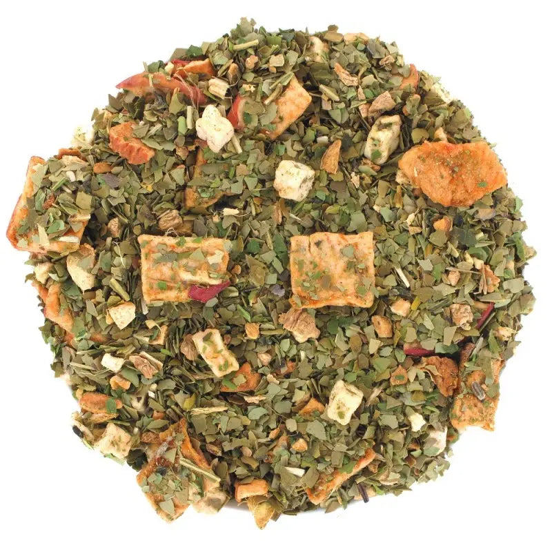 Maté Adam & Eve La P’tite Tasse – mélange énergisant de maté vert, pomme, gingembre et fruits exotiques, présenté dans un packaging élégant aux couleurs naturelles.