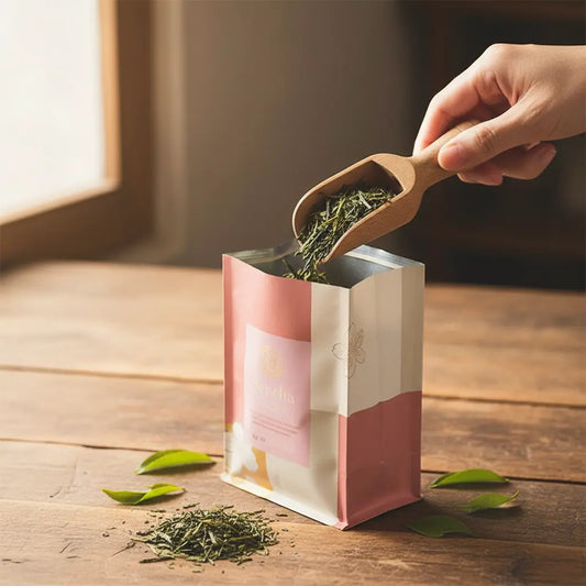 Remplissage de thé avec la cuillère depuis le sachet