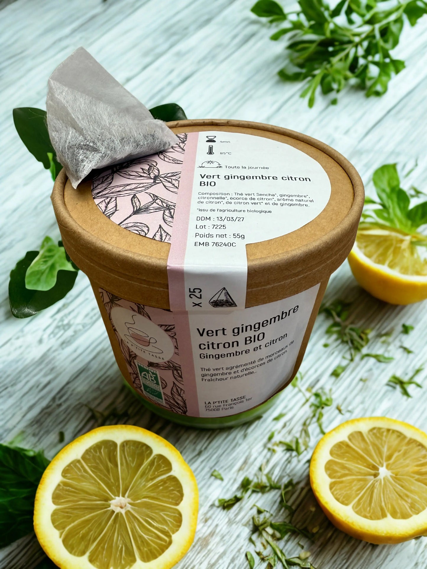 Infusion Vert Gingembre Citron Bio en infusette La P’tite Tasse – mélange biologique vivifiant de thé vert, gingembre piquant et citron acidulé, idéal pour une pause fraîche et tonique.