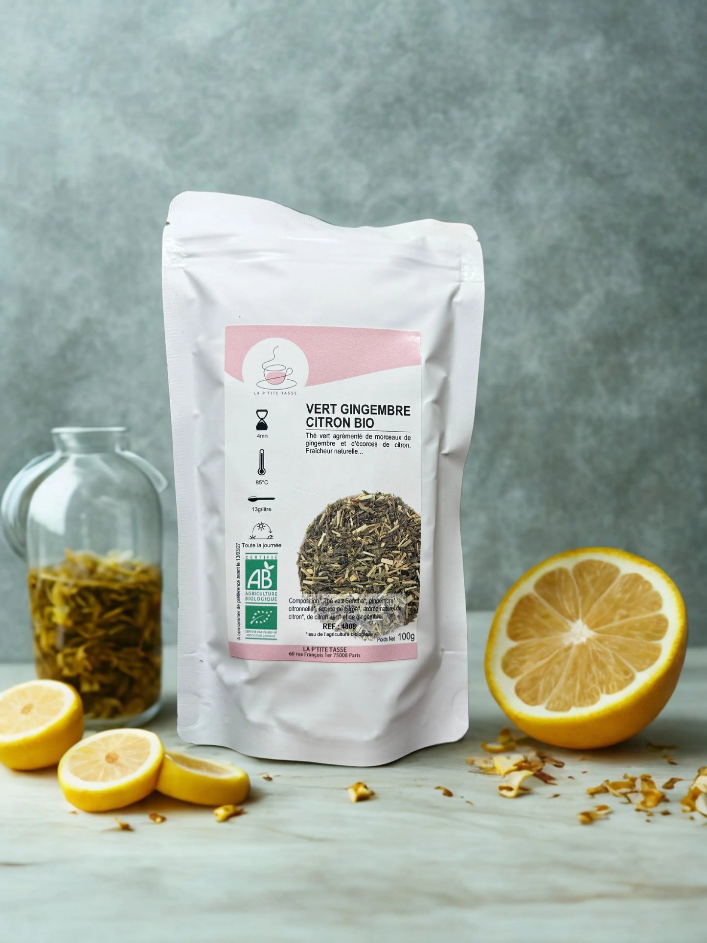 Infusion Vert Gingembre Citron Bio en sachet La P’tite Tasse – mélange biologique vivifiant de thé vert, gingembre piquant et citron acidulé, idéal pour une pause fraîche et tonique.