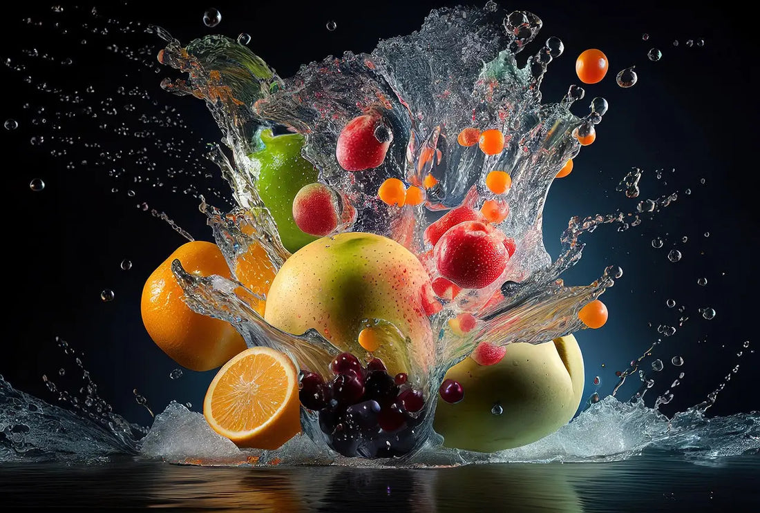 Explosion de fruits tropicaux (mangue, pêche, citron vert, framboise) en pleine effervescence, illustrant la fraîcheur naturelle et les saveurs fruitées d’un thé glacé estival de La P’tite Tasse.