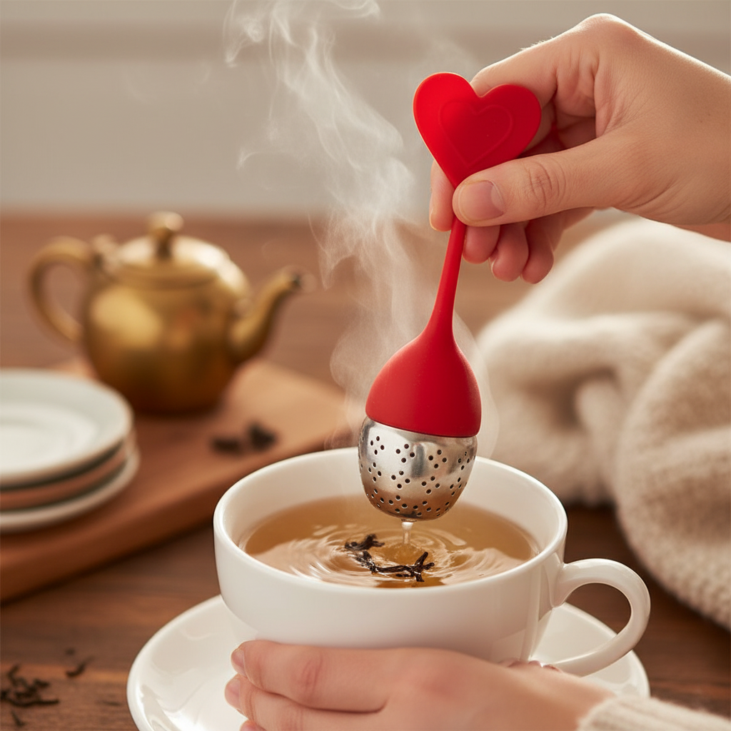 Personne utilisant le filtre à thé dans une tasse