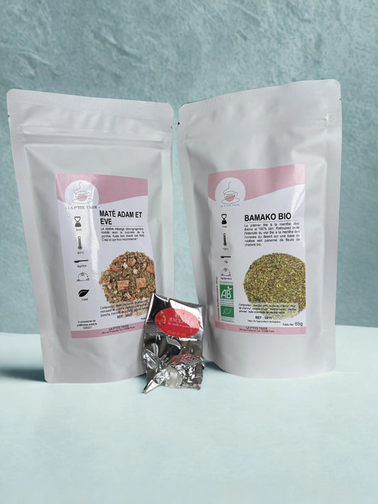 Coffret Initiation La P’tite Tasse – sélection découverte composée d’une infusion CBD Bamako, d’une fleur de thé à déployer et d’un maté Adam & Eve, pour explorer les univers variés du thé et des infusions.
