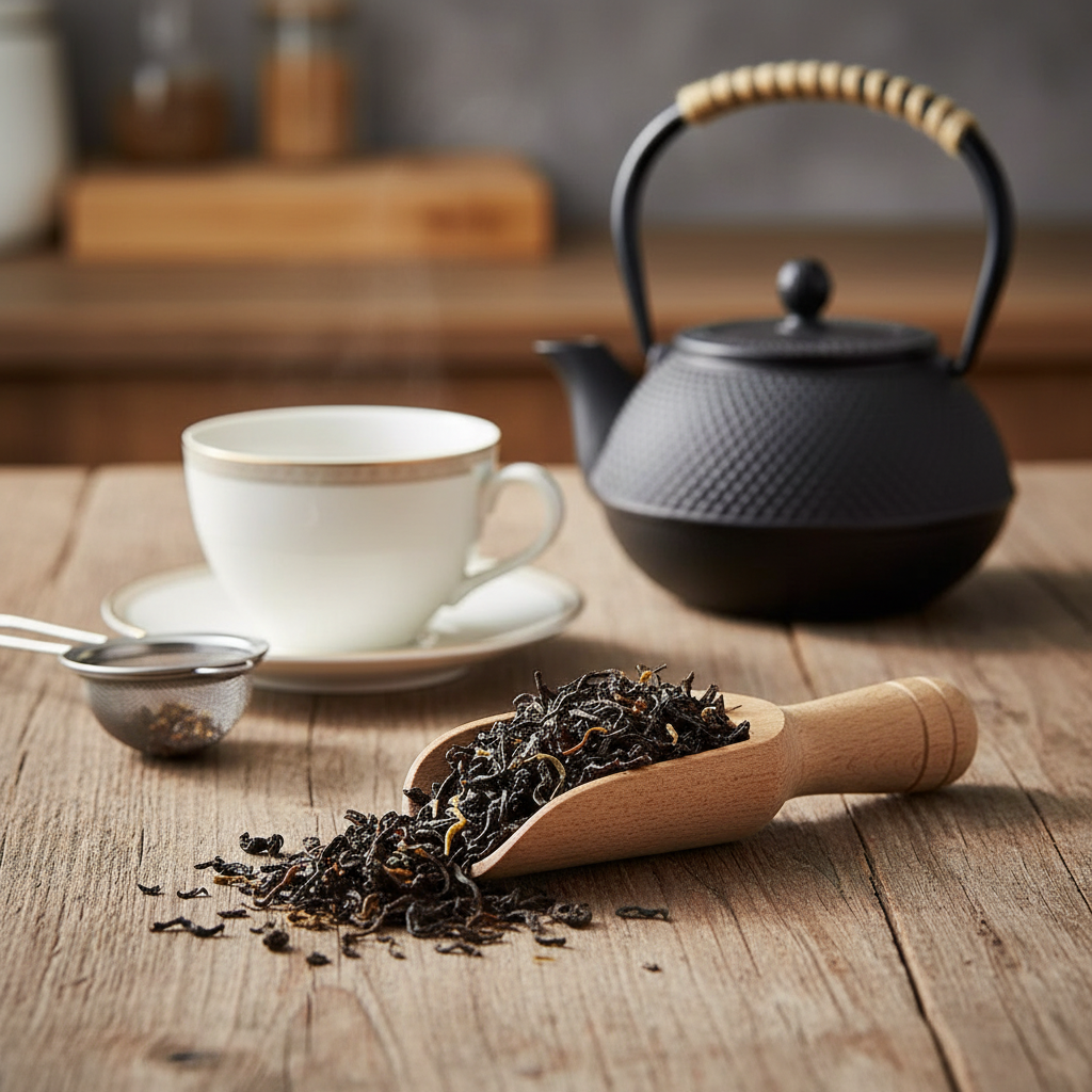 Cuillère doseuse remplie de thé sur table